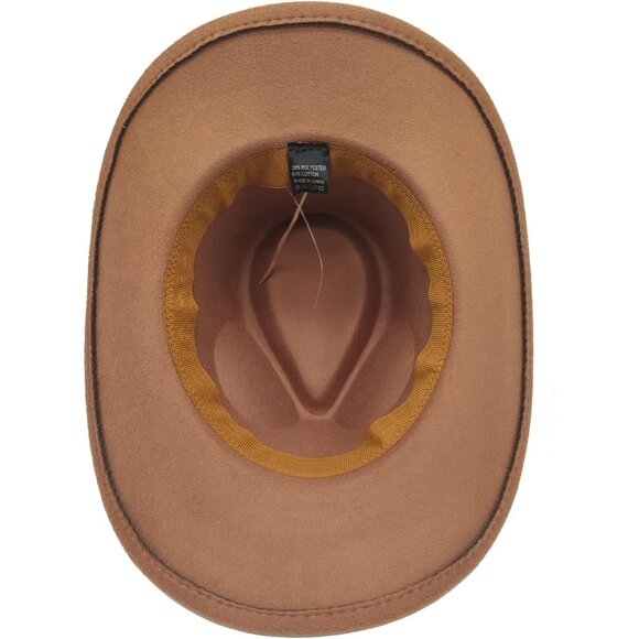 🆕 Men Khaki Cowboy Hat Western Felt Fedora Chapeau Halloween Costume Belt Wicks - Picture 7 of 7